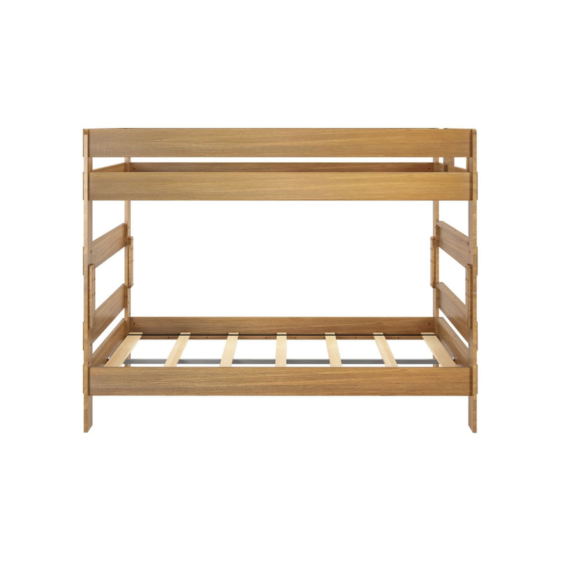 Wooden bunk bed frame made of natural oak with slatted design.