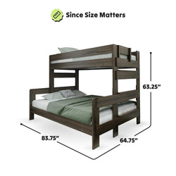 Wooden bunk bed with dimensions 83.75 by 64.75 by 63.25 inches, featuring green bedding, ideal for compact spaces.