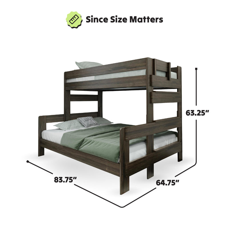 Wooden bunk bed with bedding, featuring measurements of 83.75 inches in length, 64.75 inches in width, and 63.25 inches in height, ideal for optimizing bedroom space.