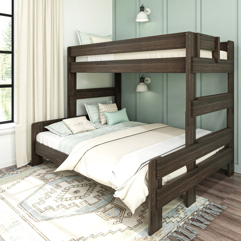 Rustic wooden bunk bed with cozy bedding in a bright, modern room featuring pale green walls and patterned area rug.