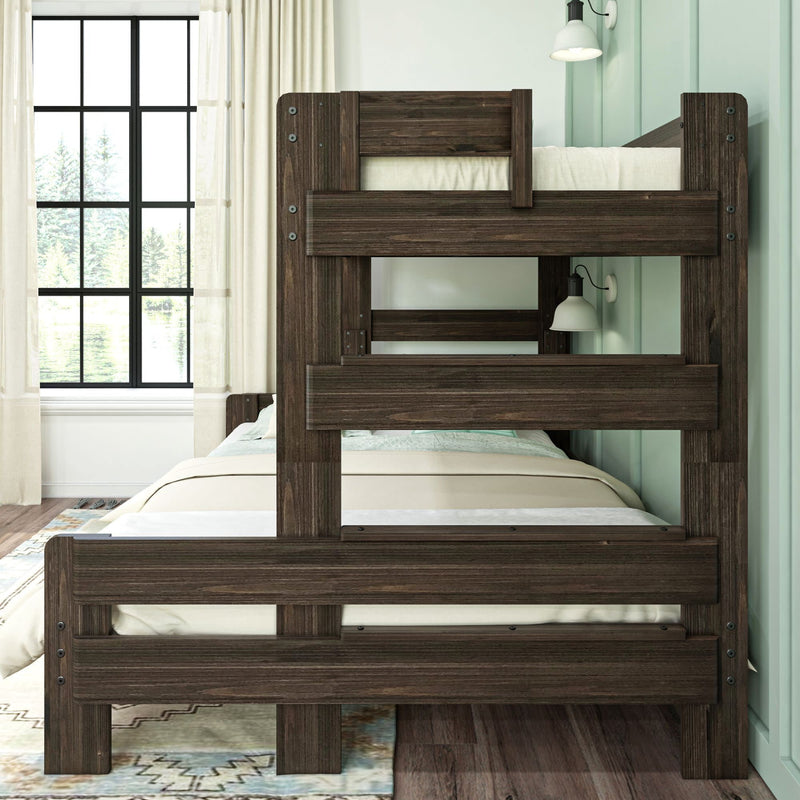 Dark wood bunk bed in modern bedroom with large window and white curtains.