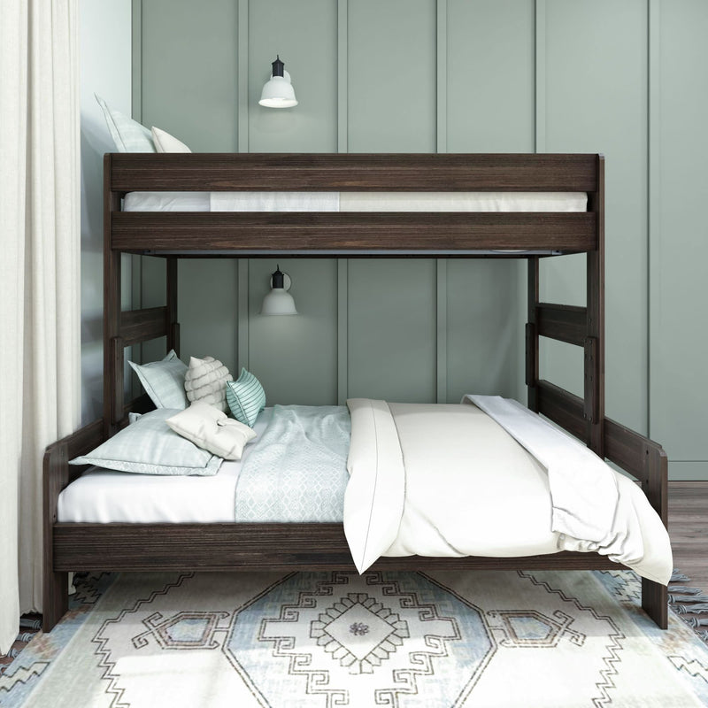 Stylish dark wood bunk bed with ladder in modern bedroom featuring soft bedding and decorative pillows.