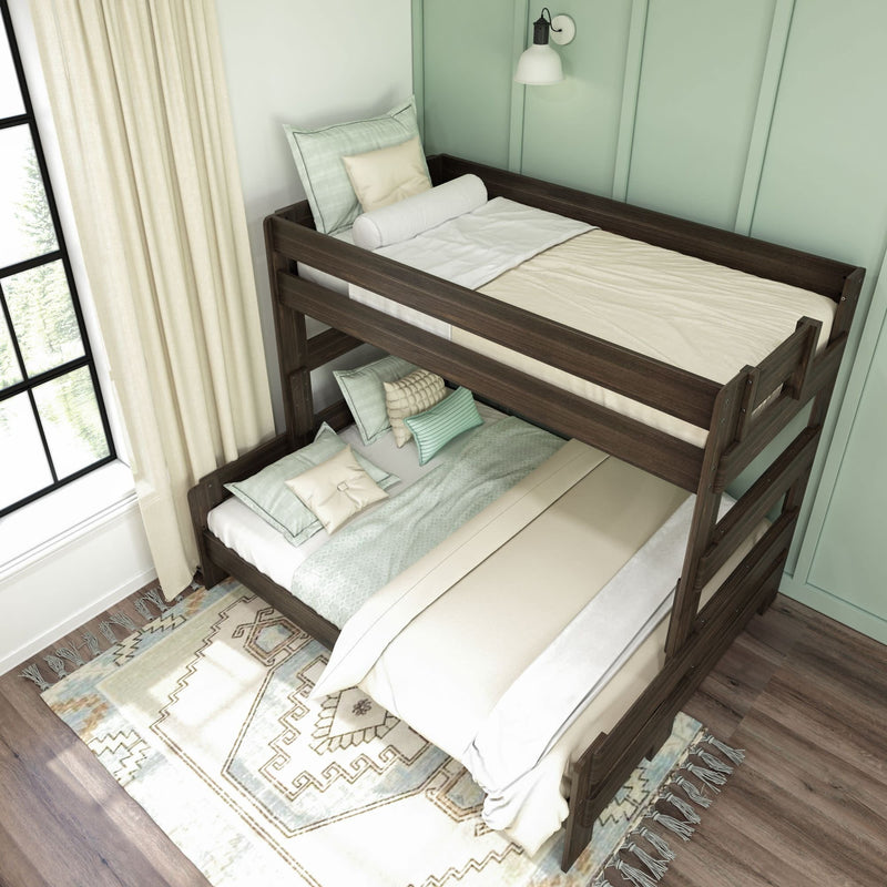 Modern wooden bunk bed with cozy bedding in a stylish bedroom setting.