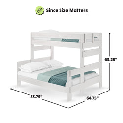 White wooden bunk bed with dimensions: 83.75 inches length, 64.75 inches width, and 63.25 inches height, featuring teal bedding.