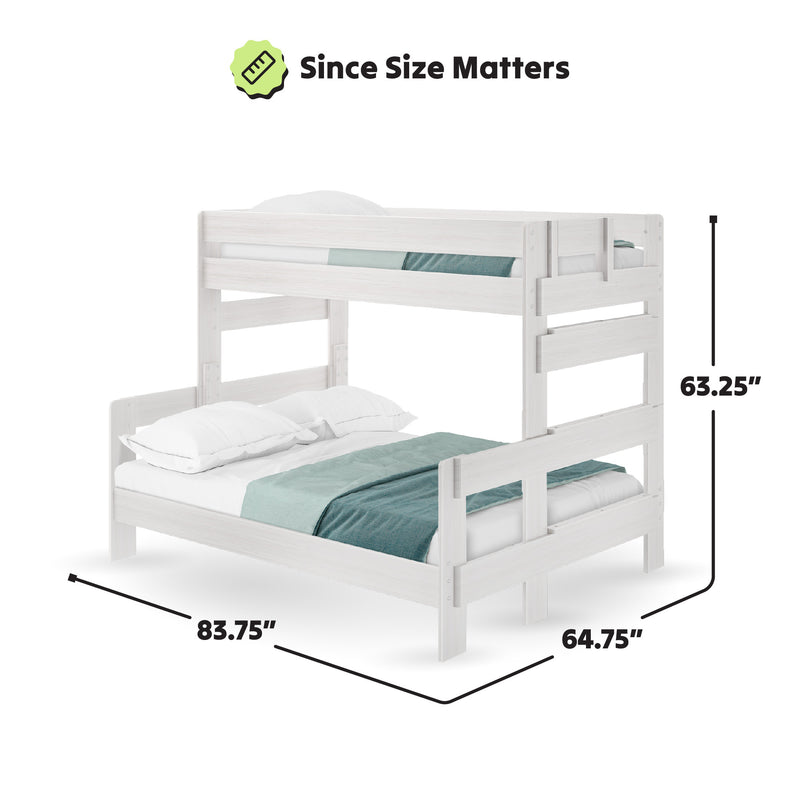 White wooden bunk bed with dimensions: 83.75 inches length, 64.75 inches width, and 63.25 inches height, featuring teal bedding.