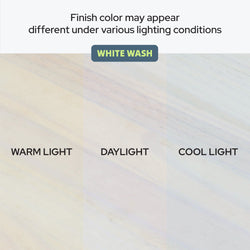 White wash wood finish under different lighting conditions: warm light, daylight, and cool light comparison chart.
