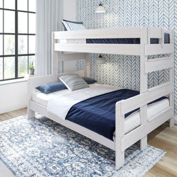 White wooden bunk bed with blue bedding in a modern kids' bedroom featuring patterned wallpaper and a large window.