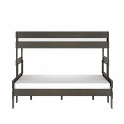 Modern dark wood bunk bed with white mattresses, sturdy space-saving wooden frame and guardrails for kids' or guest bedrooms
