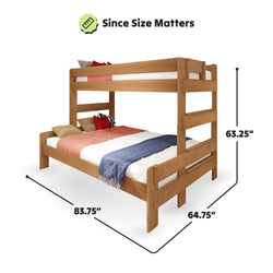 Wooden bunk bed with colorful bedding and size dimensions: 83.75" x 64.75" x 63.25".