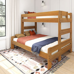 Modern wooden bunk bed with colorful bedding and decorative pillows in a bright bedroom.
