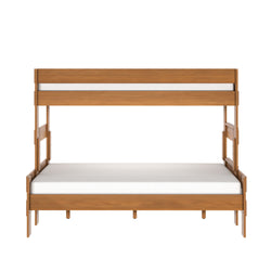 Modern natural-finish solid wood bunk bed with white mattresses, space-saving bedroom furniture for kids, teens, and guest rooms