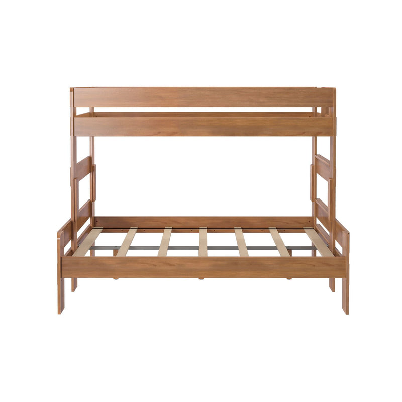 Wooden twin over full bunk bed frame without mattress.