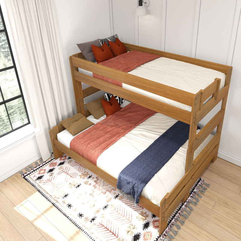 Wooden bunk bed with colorful pillows and throws in a bright bedroom setting.