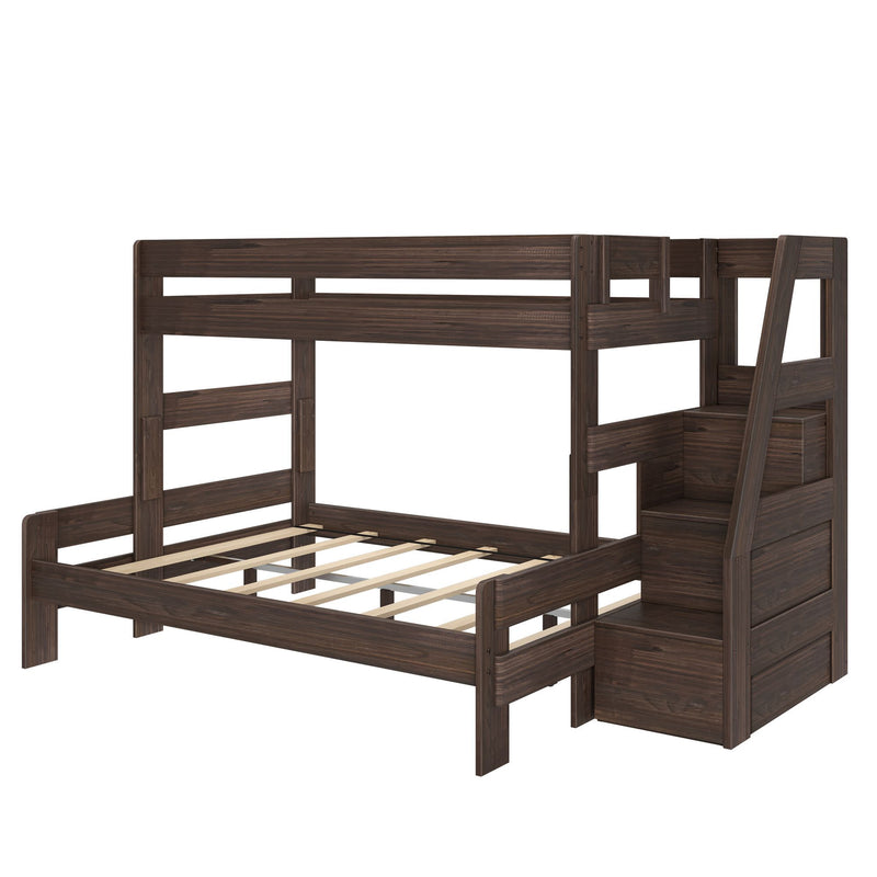 Dark walnut twin-over-full wooden bunk bed with built-in storage staircase, slatted platform frame, and space-saving design for kids and teen bedrooms