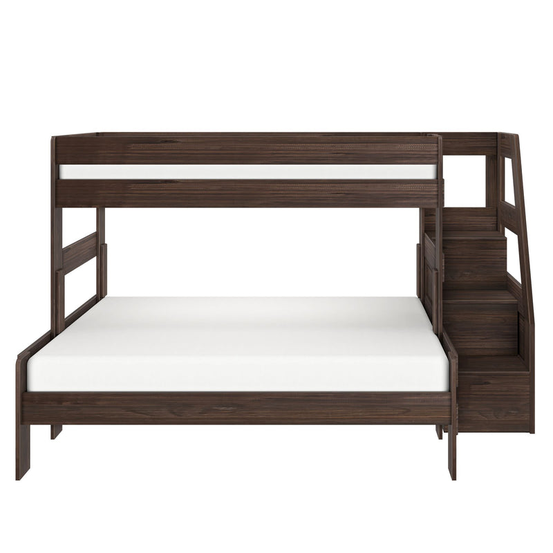 Dark walnut twin-over-full bunk bed with built-in staircase storage, modern space-saving wooden loft bed with guardrails ideal for kids' bedrooms