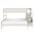 Whitewashed full-over-twin bunk bed with built-in staircase storage, modern minimalist wood loft bed for kids and teens