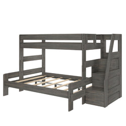 Gray wooden twin-over-full bunk bed with built-in storage staircase, slatted platform, and space-saving kids bedroom furniture