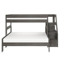Gray wood twin-over-full bunk bed with staircase storage drawers, modern platform frame and safety guardrails