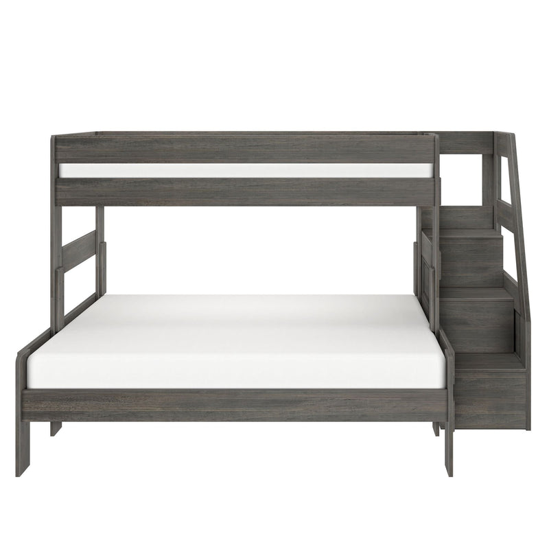 Gray wood twin-over-full bunk bed with staircase storage drawers, modern platform frame and safety guardrails