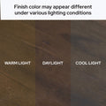 Brown wood finish color comparison showing warm light, daylight, and cool light panels to illustrate how stain color and wood grain appearance vary under different lighting conditions.
