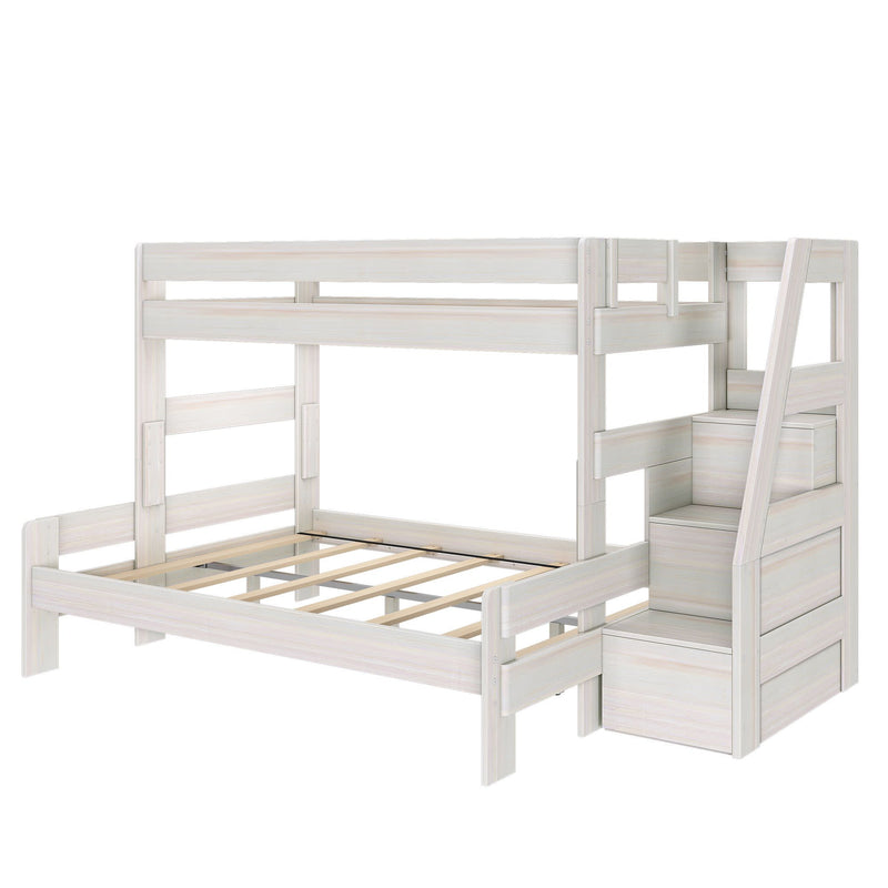 Whitewashed solid wood twin-over-full bunk bed with built-in staircase and storage drawers — space-saving kids' bedroom furniture