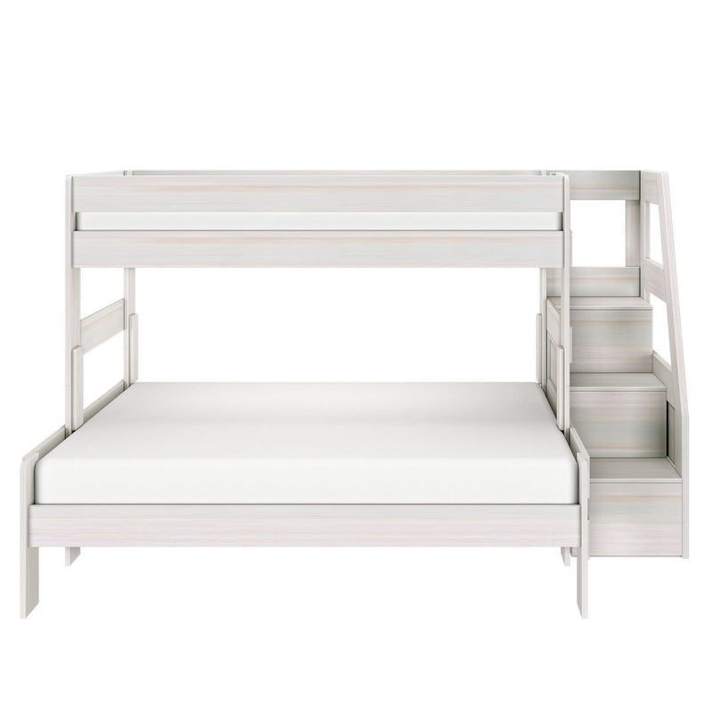 White wooden twin-over-full bunk bed with built-in storage staircase and drawers, modern space-saving kids' bedroom furniture