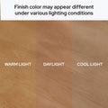 Wood finish color comparison under warm light, daylight, and cool light showing how furniture and flooring finish color may appear different under various lighting conditions
