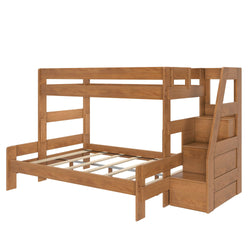 Wooden twin-over-full bunk bed with built-in storage stairs and slatted mattress support in honey oak finish
