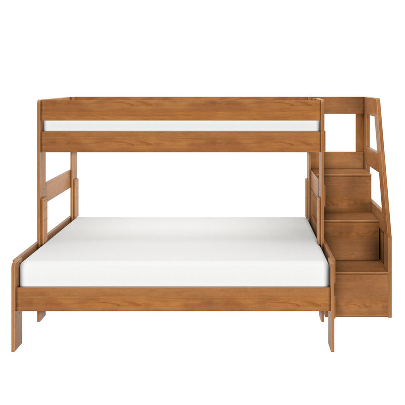 Light brown solid wood twin-over-full bunk bed with built-in storage staircase and white mattresses — space-saving modern kids' bedroom furniture