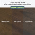 Barnwood Brown finish color variations under warm, daylight, and cool light conditions.
