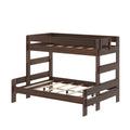 Dark walnut wood-finish twin-over-full bunk bed frame with built-in ladder, guardrails and slatted mattress supports.