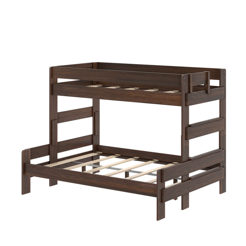 Dark walnut wood-finish twin-over-full bunk bed frame with built-in ladder, guardrails and slatted mattress supports.