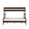Dark walnut wooden two-tier bunk bed with white mattresses, modern minimalist bunk bed frame for space-saving bedroom furniture
