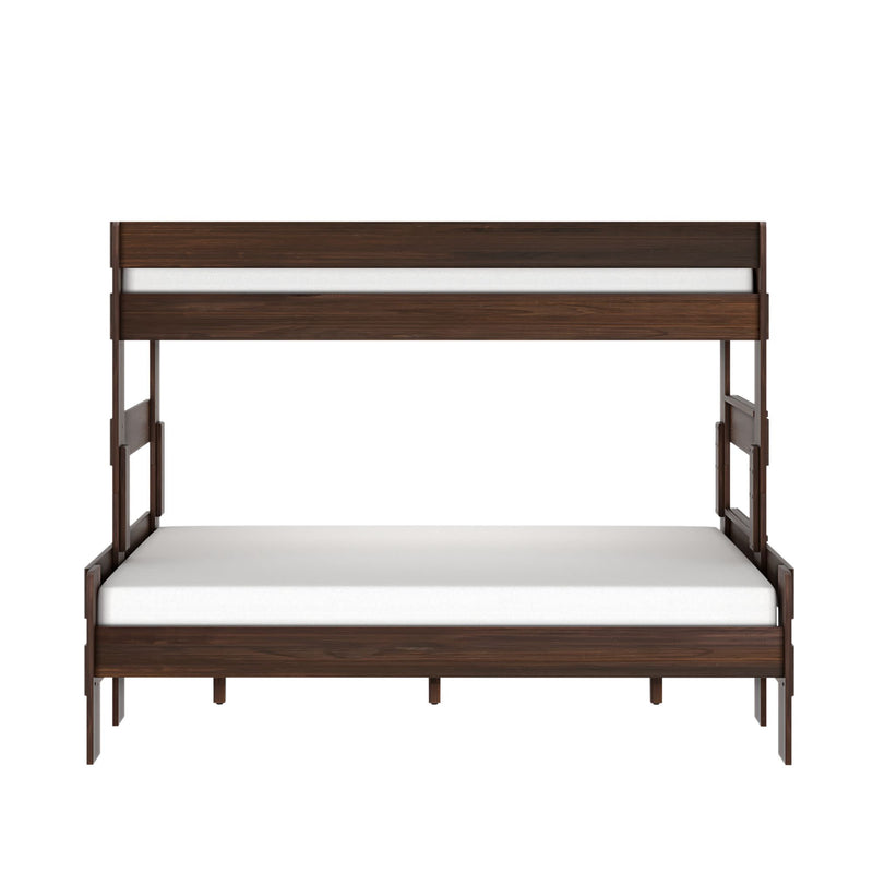 Dark walnut wooden two-tier bunk bed with white mattresses, modern minimalist bunk bed frame for space-saving bedroom furniture