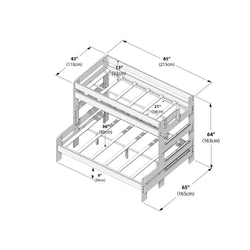 Dimensioned line drawing of a wooden twin-over-full bunk bed frame with slatted mattress platforms, guardrails and ladder, labeled measurements in inches and centimeters (85" length x 65" lower width x 43" upper width x 64" height / 215 x 165 x 110 x 163 cm) for product listings and assembly