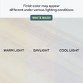 White wash finish color variations under warm light, daylight, and cool light conditions.