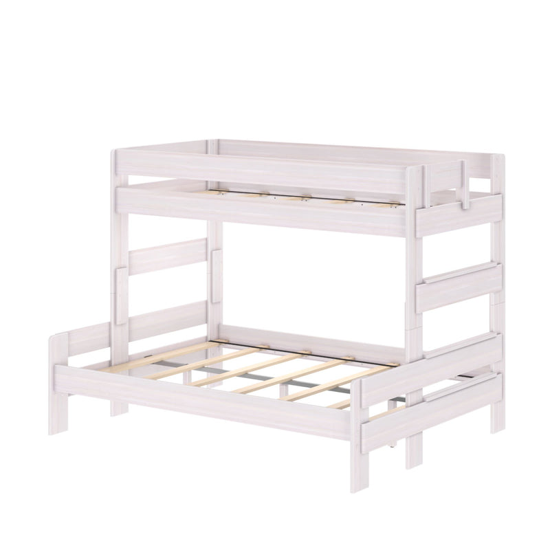 White wooden twin-over-full bunk bed frame with slatted platforms, guardrails and ladder, space-saving kids bedroom furniture