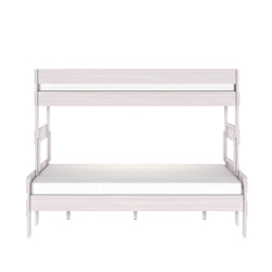 Whitewashed wooden twin-over-full bunk bed with minimalist modern design, guardrails and ladder, ideal space-saving kids' bedroom furniture