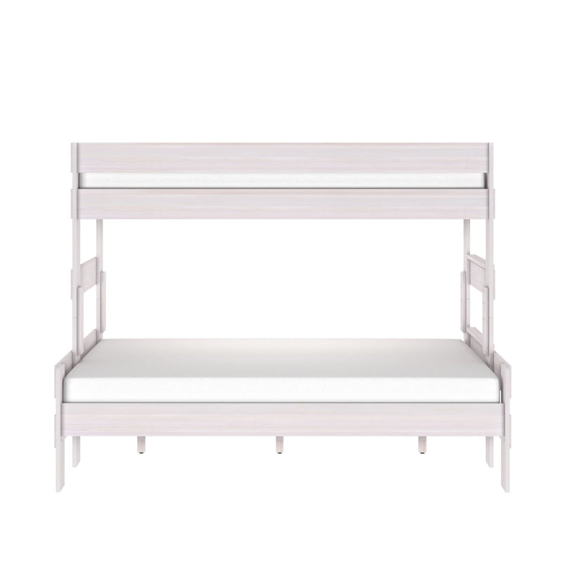 Whitewashed wooden twin-over-full bunk bed with minimalist modern design, guardrails and ladder, ideal space-saving kids' bedroom furniture