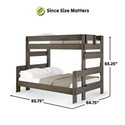 Dark wood bunk bed with twin and full size dimensions: 83.75" length, 64.75" width, and 63.25" height, showcasing comfortable bedding and pillows.