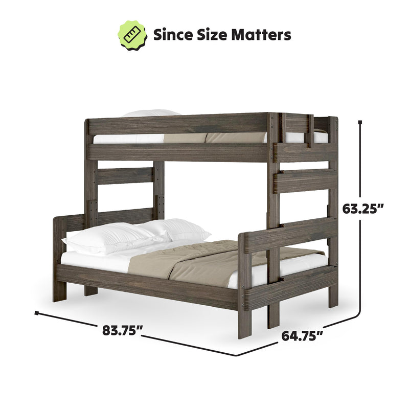 Dark wood bunk bed with twin and full size dimensions: 83.75" length, 64.75" width, and 63.25" height, showcasing comfortable bedding and pillows.