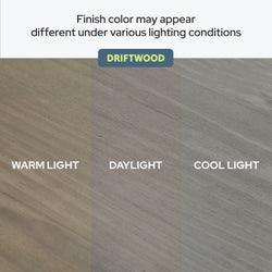 Driftwood finish color variations in warm light, daylight, and cool light conditions for wood flooring.