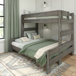 Wooden bunk bed with green bedding in modern bedroom setting.