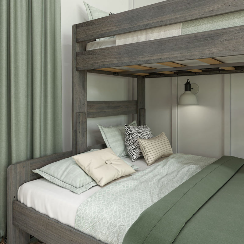 Cozy modern bedroom with stylish double decker bunk bed, soft pillows, and elegant green bedding.