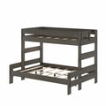 Gray wood twin-over-full bunk bed frame with slatted mattress supports, built-in ladder and guard rails, modern space-saving bedroom furniture