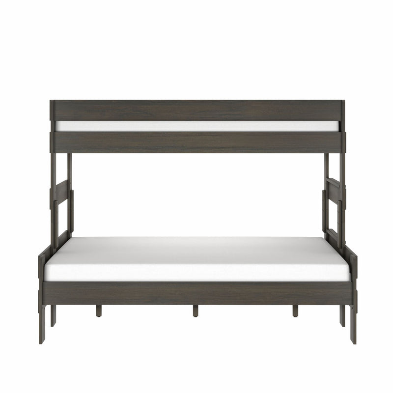 Modern dark gray wooden twin-over-full bunk bed with white mattresses, minimalist space-saving frame, front view on white background
