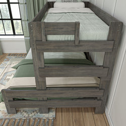 Wooden bunk bed with modern design in cozy bedroom setting, featuring natural sunlight through large window.