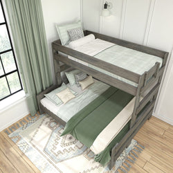 Rustic wooden bunk bed with green bedding in a modern bedroom setting.