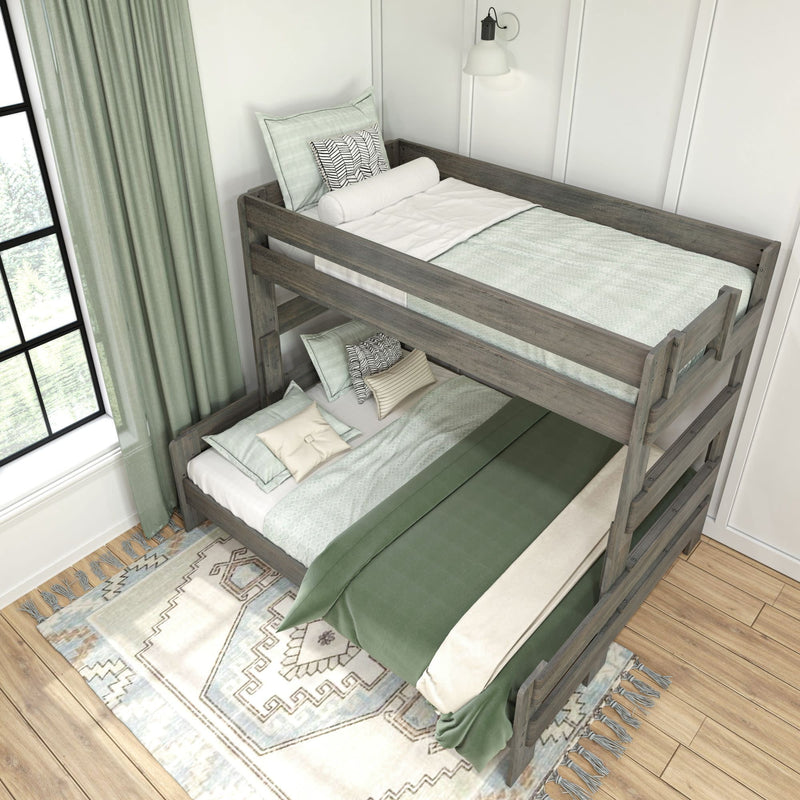 Rustic wooden bunk bed with green bedding in a modern bedroom setting.
