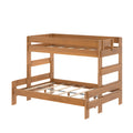 Twin-over-full solid wood bunk bed in natural finish with slatted mattress bases, guardrails and ladder — space-saving kids' bedroom furniture